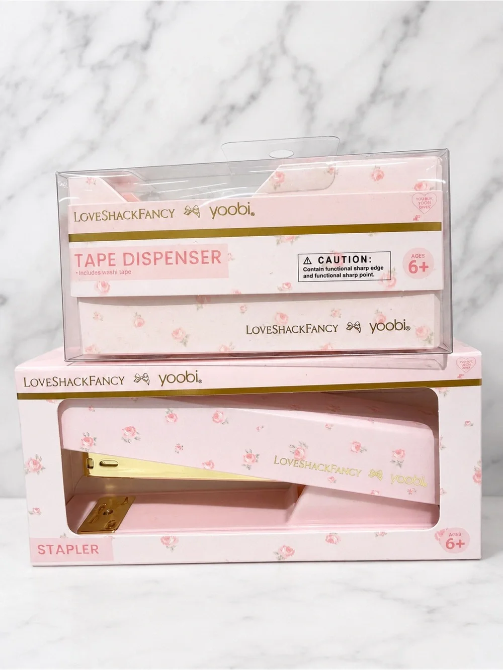 LoveShackFancy Yoobi Pink Stapler & Pink Tape Dispenser Set
